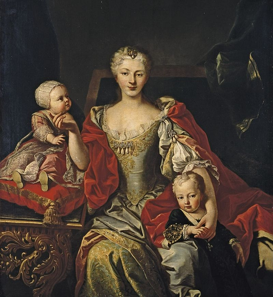 Polyxène-Christine de Hesse-Rotembourg, - par Martin van Meytens - Victor-Amédée III de Savoie en bas à droite tient la main de sa mère Polyxène-Christine de Hesse-Rheinfels-Rontembourg- sa jeune sœur Éléonore en haut à gauche pose son regard sur elle